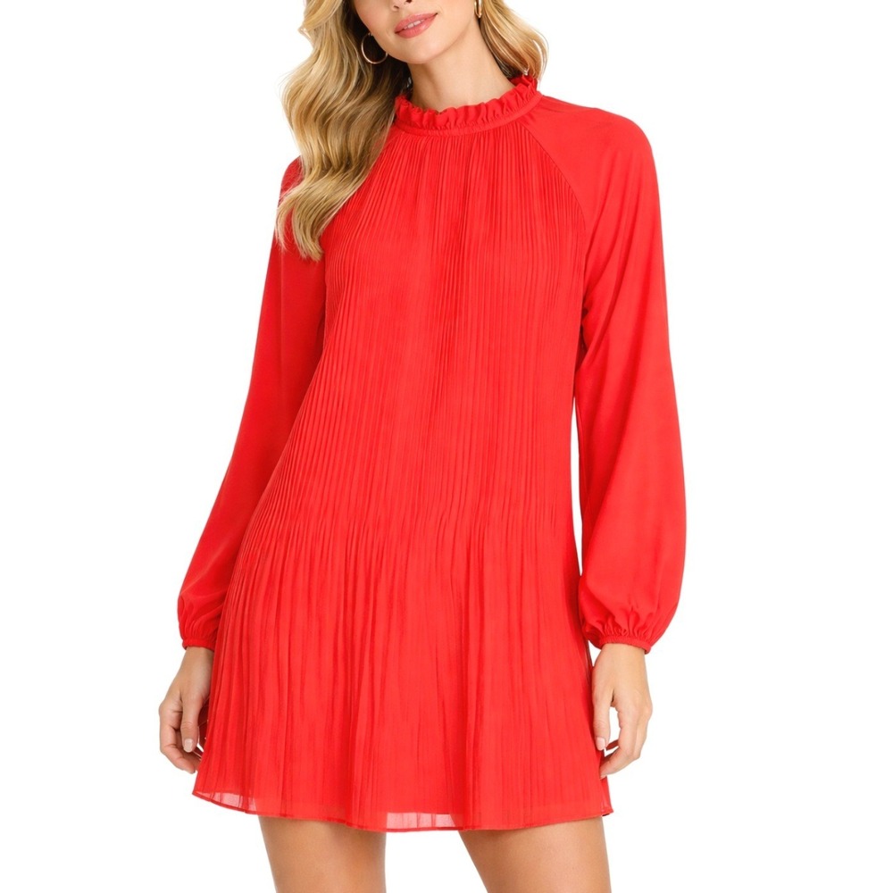 PrettyGarden NWT Red Pleated Mini Dress Ruffle High Neck Long Sleeve‎ Size Small